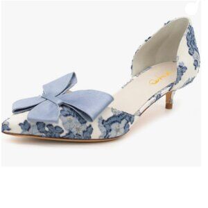 XYD Blue Bloom Embroidery D'Orsay Kitten Heel Bridal Bowknot Pumps Elegant Shoes
